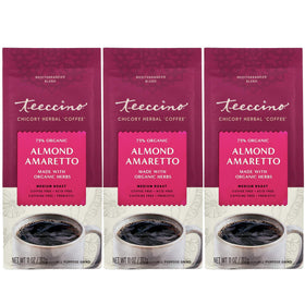Teeccino Almond Amaretto chicory ground shows rich aroma and caffeine-free option