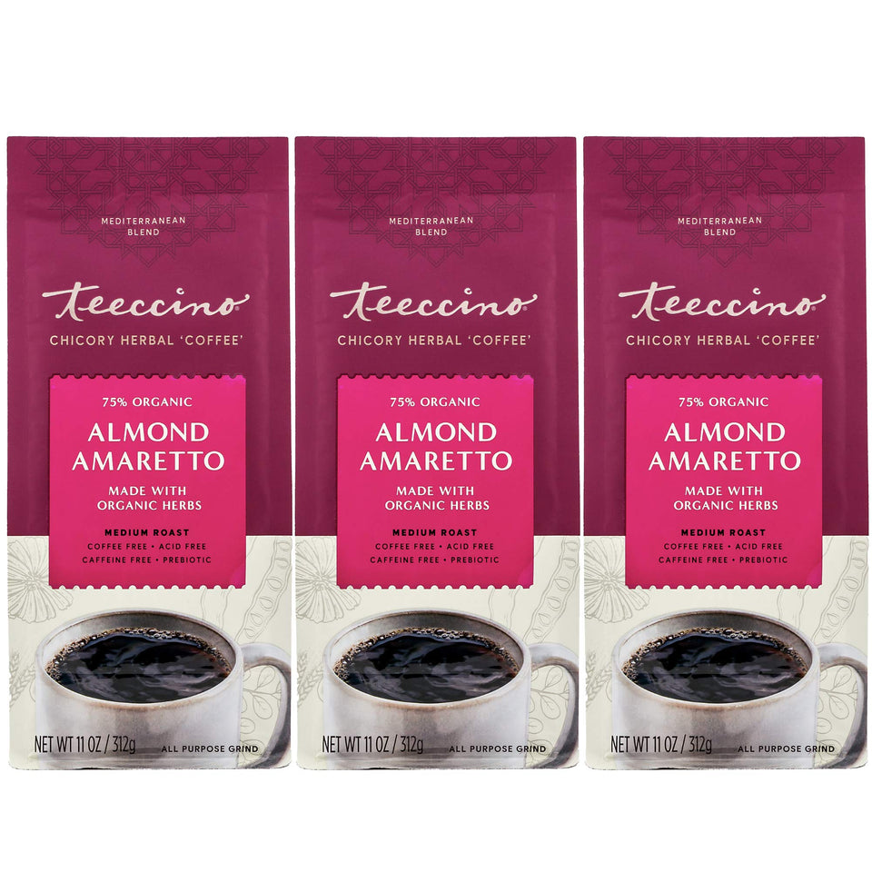 Teeccino Almond Amaretto chicory ground shows rich aroma and caffeine-free option