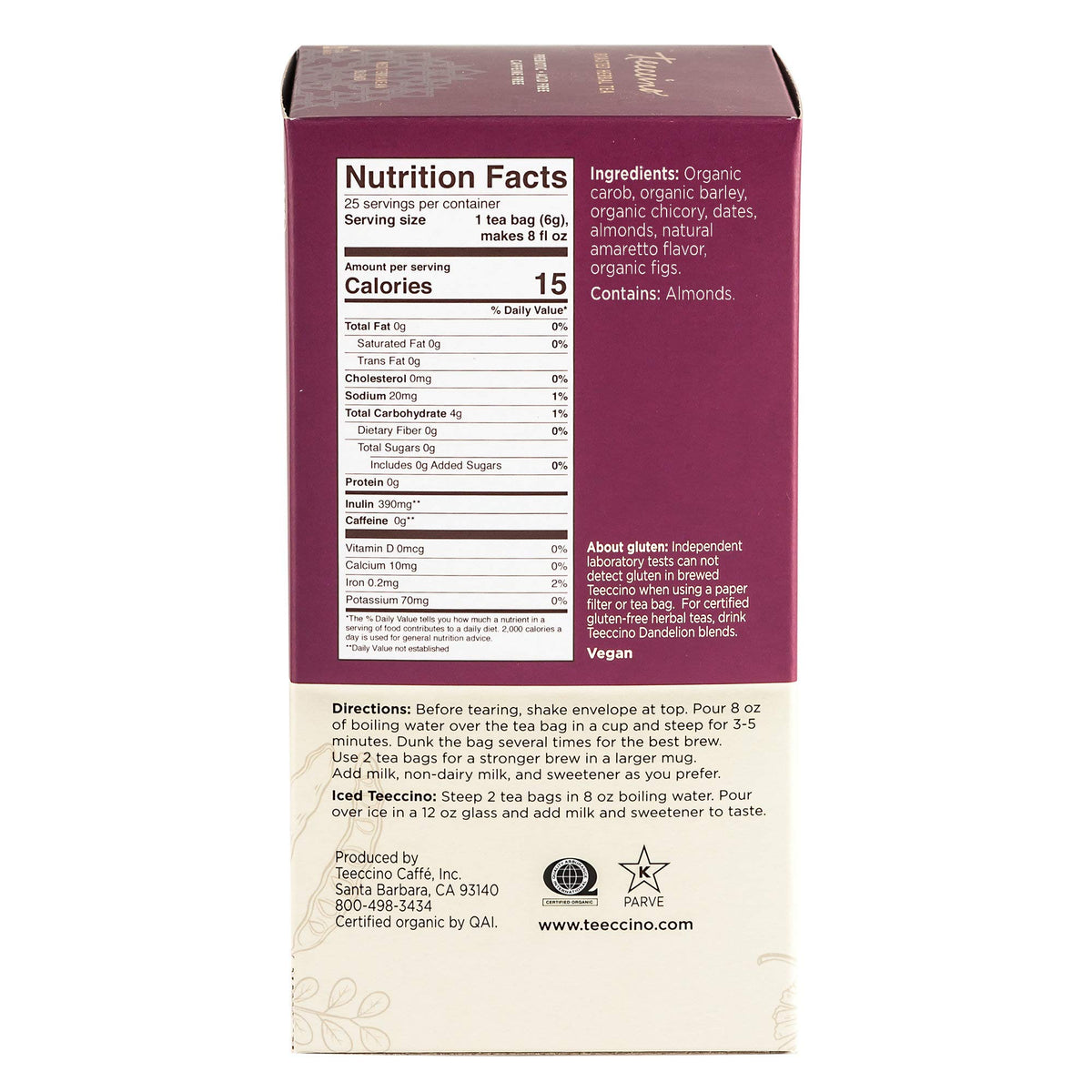 Steeping Teeccino Almond Amaretto in a clear cup reveals warm aromas and bold notes for cozy mornings.