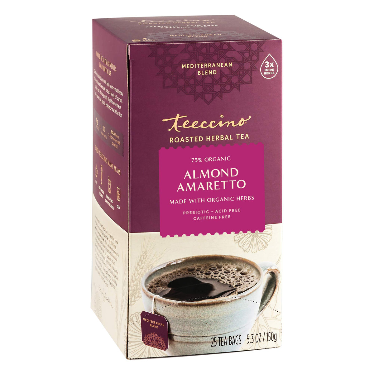 Teeccino Almond Amaretto tea bag showcasing caffeine-free herbal blend for rich flavor.