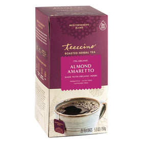 Teeccino Almond Amaretto tea bag showcasing caffeine-free herbal blend for rich flavor.