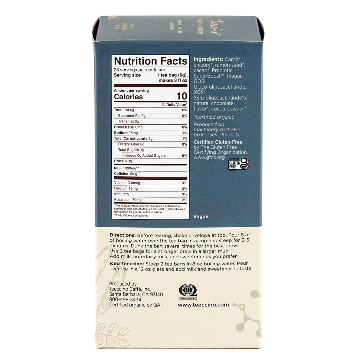 Teeccino caffeine-free brew in a cup, ready for any time of day.