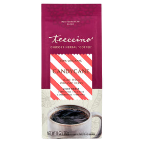 Teeccino Candy Cane bottle and cup showing a caffeine free evening treat