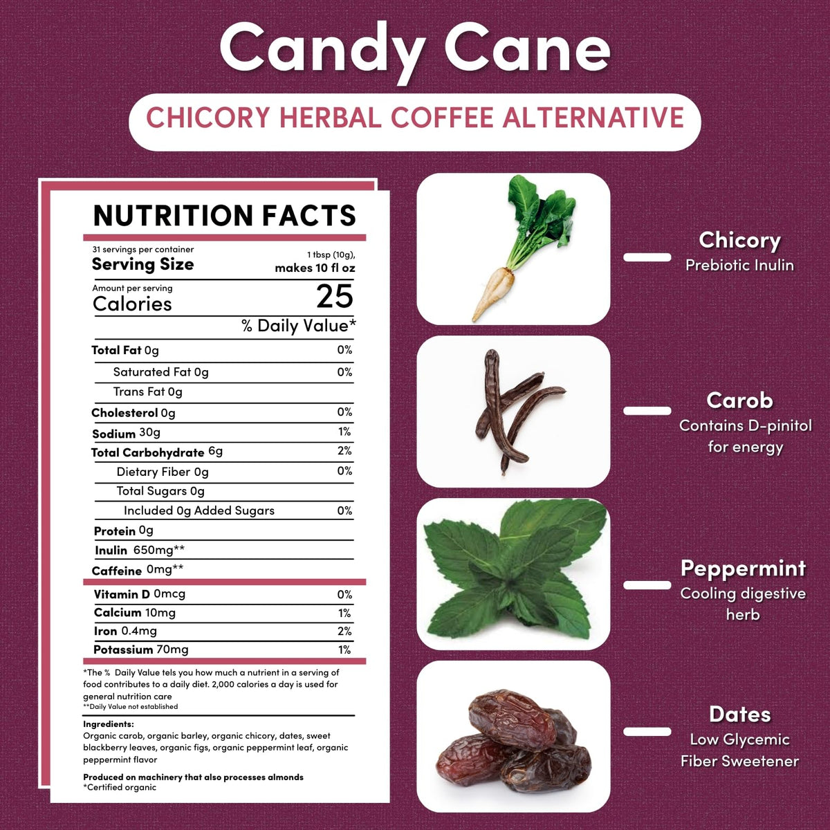 Teeccino Candy Cane brewed in a coffee maker for a low acid, caffeine free cup