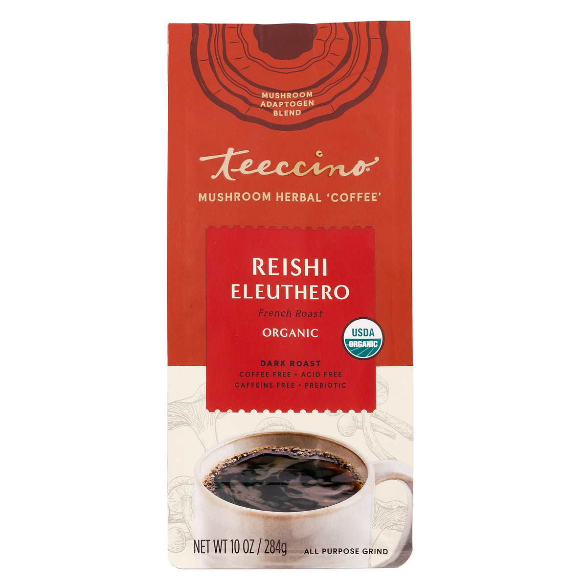 Teeccino cappuccino-style foam atop dark roast for latte inspiration.
