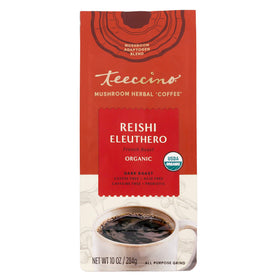 Teeccino cappuccino-style foam atop dark roast for latte inspiration.