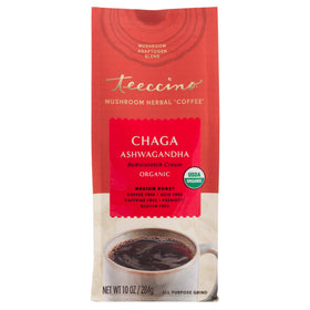 Tea or coffee packaging label for Teeccino Chaga Ashwagandha highlighting gluten-free and acid-free qualities