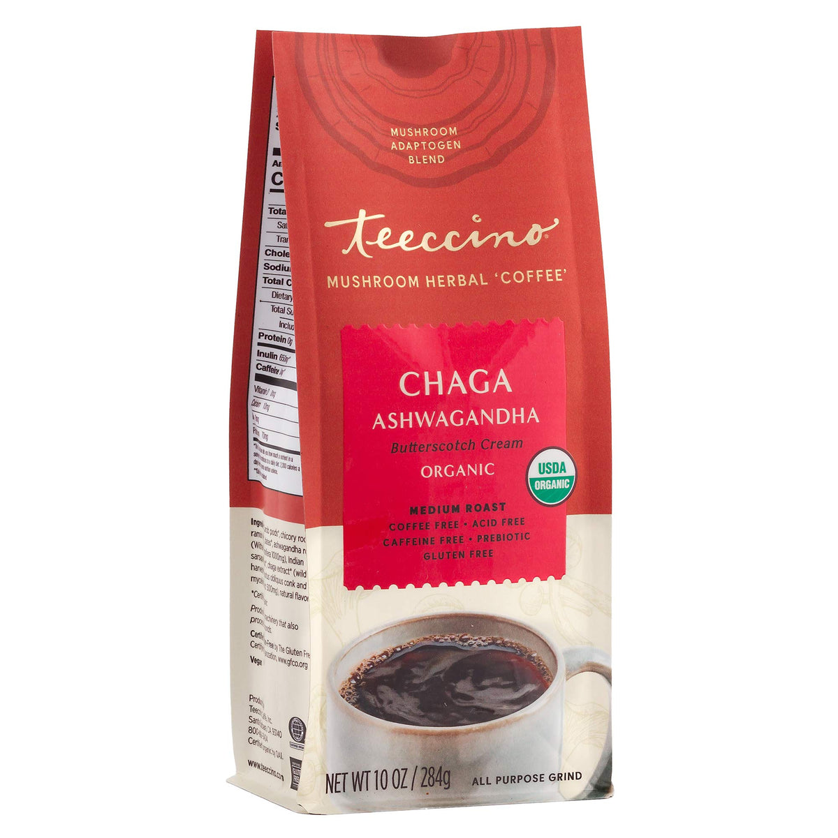 Teeccino Chaga Ashwagandha bottle with butterscotch cream flavor for caffeine-free indulgence