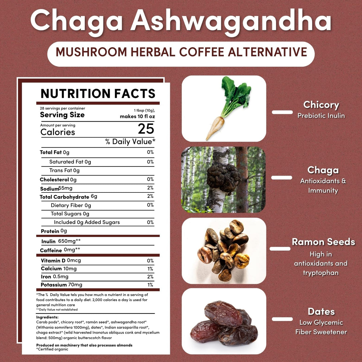 Steaming Teeccino Chaga Ashwagandha cup ready for hot or iced brew