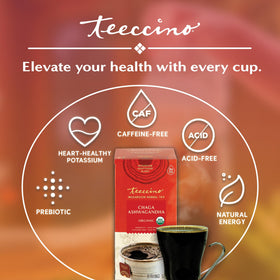 Teeccino Chaga Ashwagandha tea brew close-up highlights rich herbal notes.