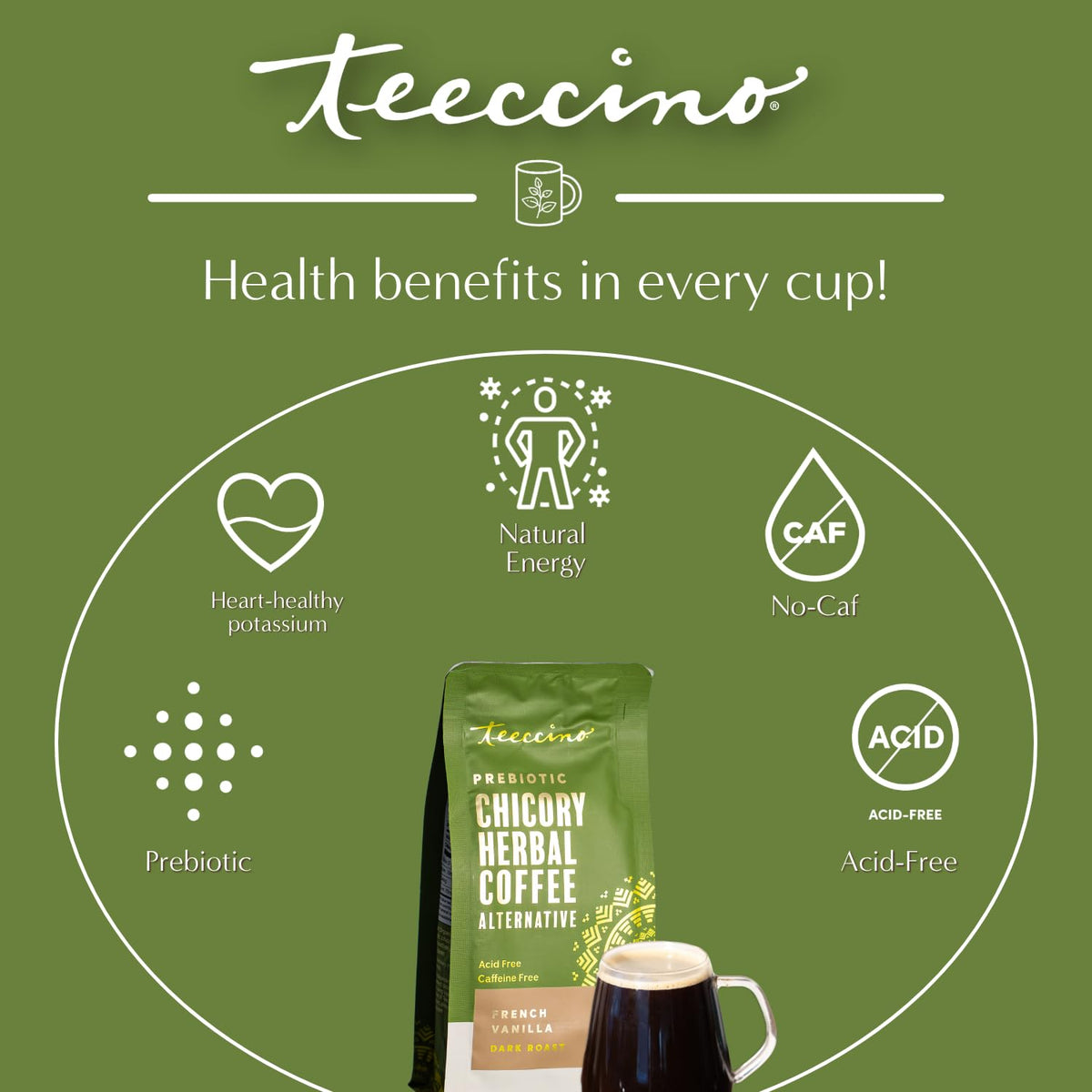 Teeccino chicory dark-roast ground features rich, coffee-like flavor without caffeine.