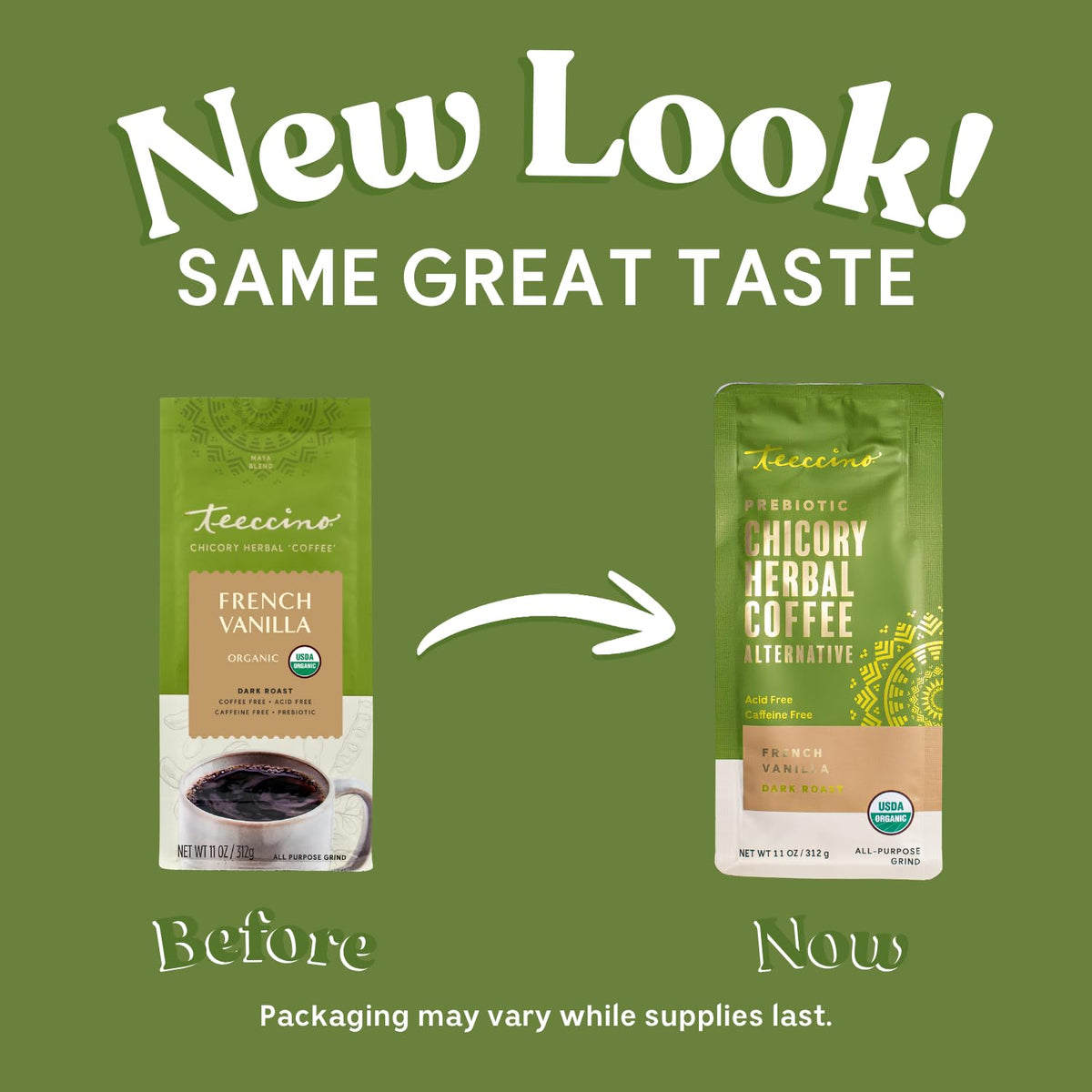 Teeccino chicory vanilla hot-brew showcases versatile hot or latte brewing.