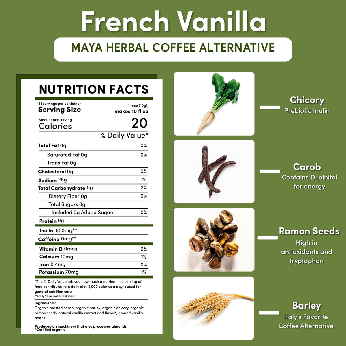 Teeccino chicory vanilla iced-brew presents a refreshing caffeine-free cold option.