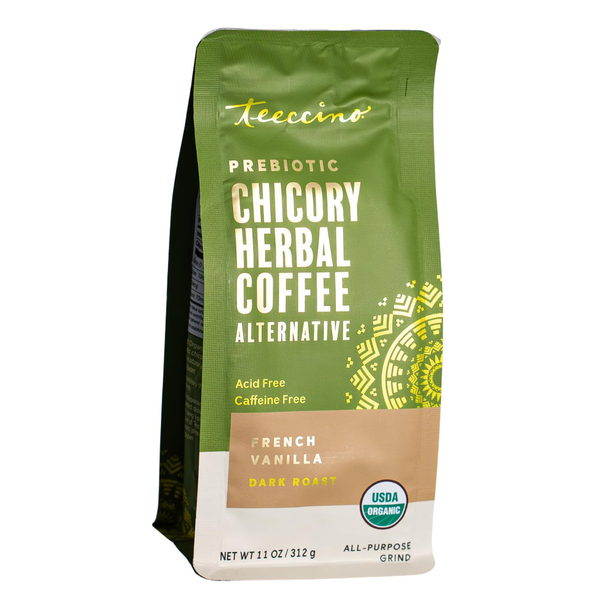 Teeccino chicory vanilla ground offers caffeine-free, gut-friendly aroma for daily sipping.