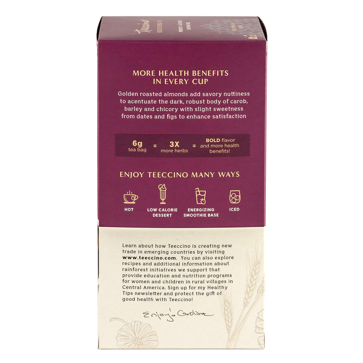 TEECCINO chicory prebiotic label highlights fiber-rich cup.