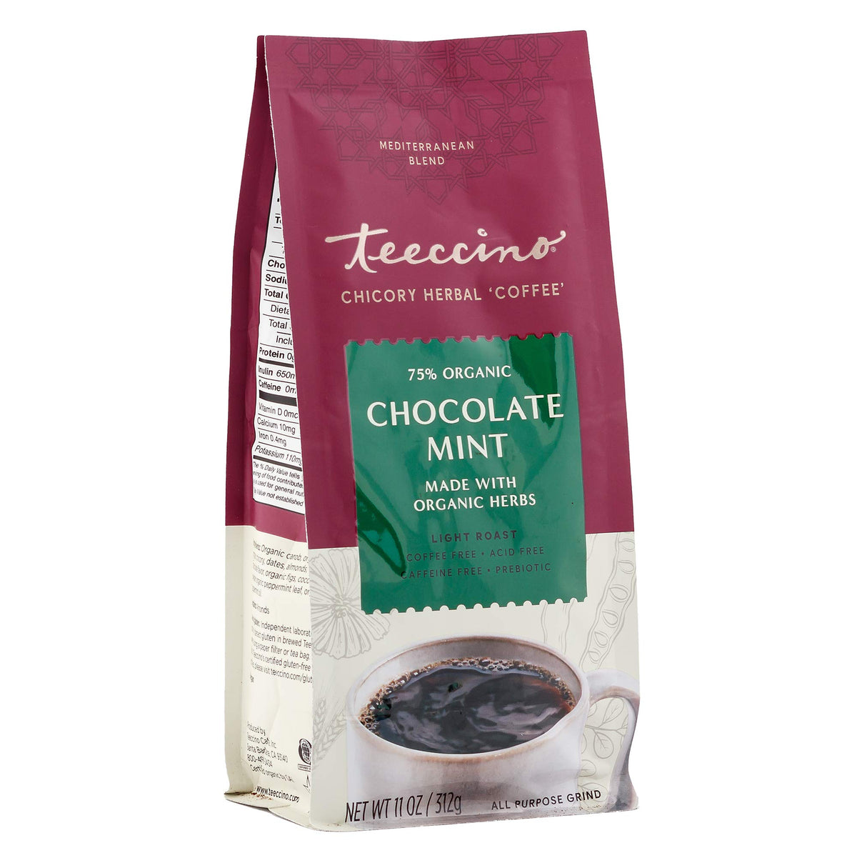 Teeccino Chocolate Mint chicory brew highlights rich flavor and prebiotic benefits.