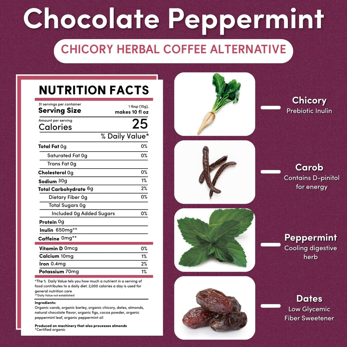 Teeccino Chocolate Mint cup with steam shows caffeine-free versatility for any time of day.