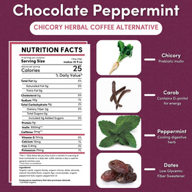 Teeccino Chocolate Mint cup with steam shows caffeine-free versatility for any time of day.