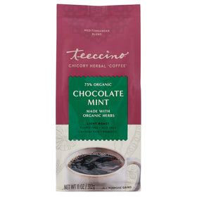 Organic label on Teeccino Chocolate Mint highlights acid-free and caffeine-free attributes.