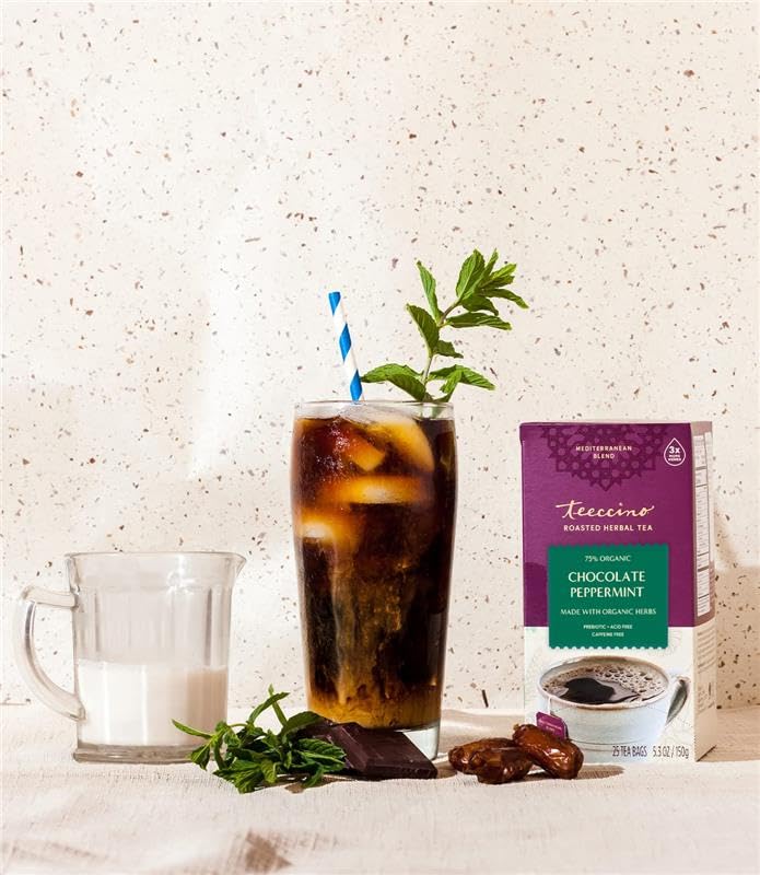 TEECCINO chocolate peppermint packaging emphasizes convenient 25-tea-bag sleeve.