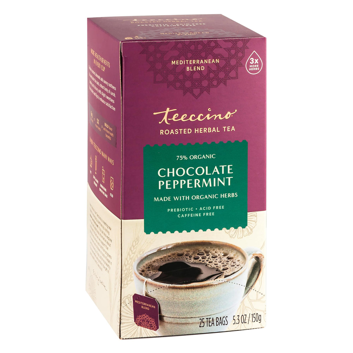 TEECCINO chocolate peppermint tea bags in a box for a comforting, low-cal dessert-like option.