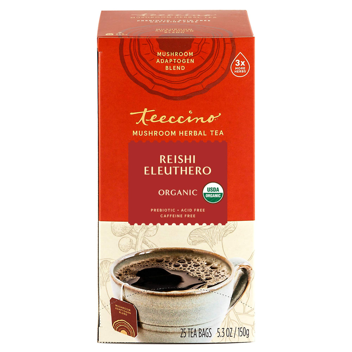 Teeccino Reishi Eleuthero Tea cold brew in glass on a sunny day