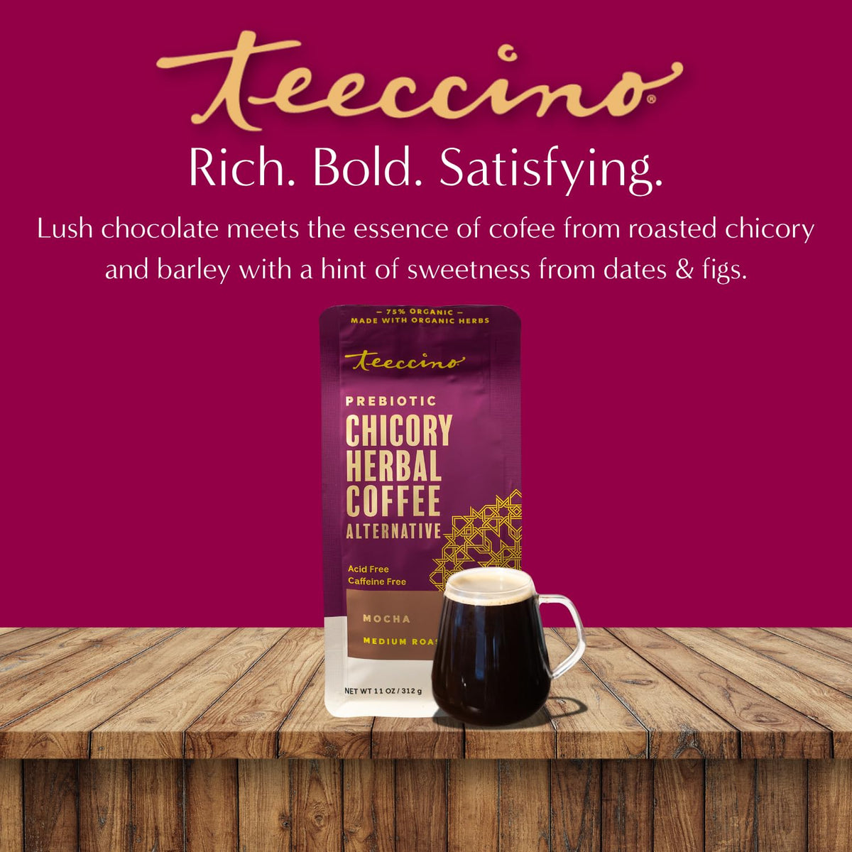 Teeccino cup on saucer ready to sip, ideal for a comforting morning ritual.