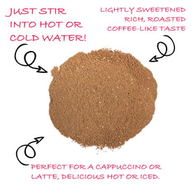 Latte-style Teeccino Dandelion Blend, a caffeine-free option for hot or iced drinks.