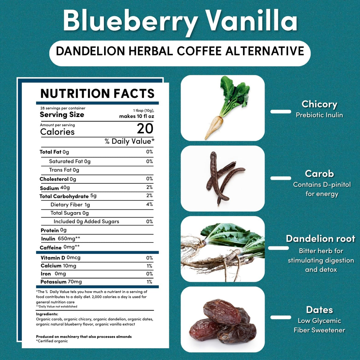Teeccino Dandelion Blueberry Vanilla brewed cup, caffeine-free energy for any time.