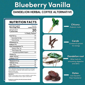 Teeccino Dandelion Blueberry Vanilla brewed cup, caffeine-free energy for any time.