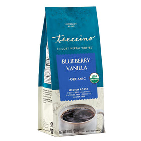 Teeccino Dandelion Blueberry Vanilla ground coffee with prebiotic fiber for gut-friendly sipping.