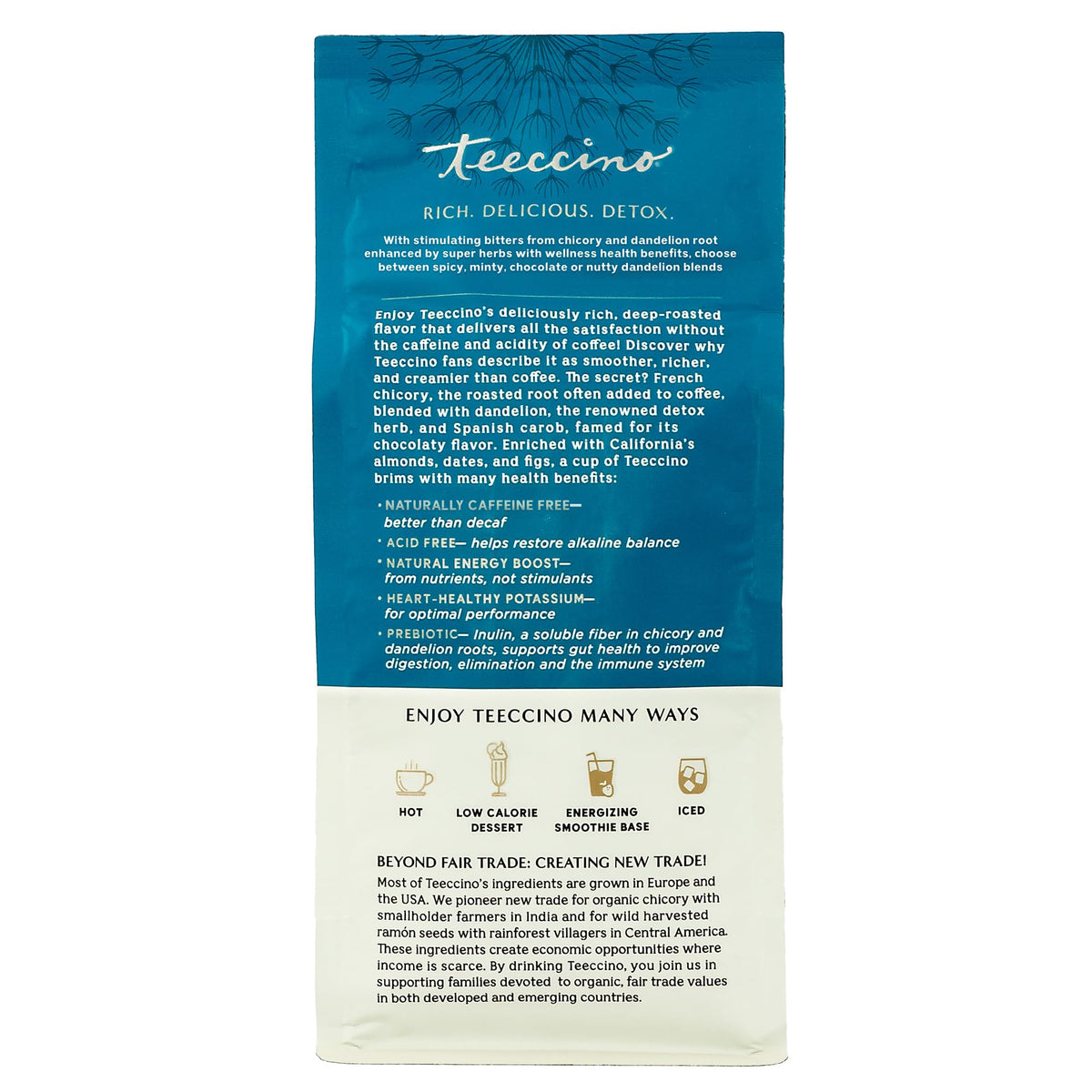 Teeccino Dandelion Blueberry Vanilla ingredients scene emphasizing inulin for gentle prebiotic support.