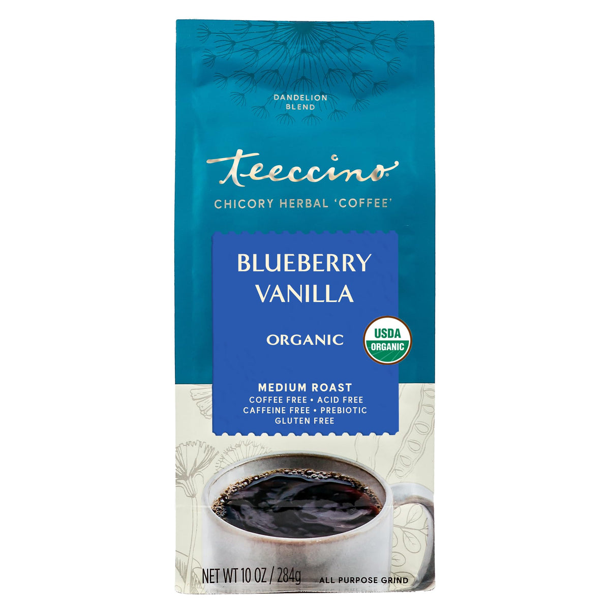 Teeccino Dandelion Blueberry Vanilla latte-art scene highlighting caffeine-free drinks.