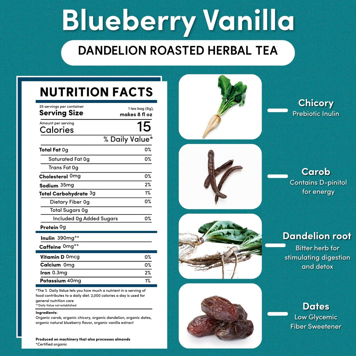 Steeping Teeccino Dandelion Blueberry Vanilla releases berry aroma, perfect for a relaxing moment.
