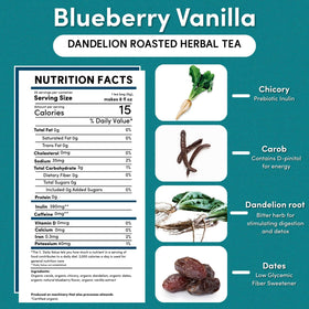 Steeping Teeccino Dandelion Blueberry Vanilla releases berry aroma, perfect for a relaxing moment.