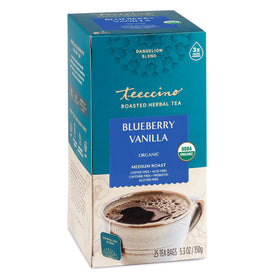 Teeccino Dandelion Blueberry Vanilla tea bags ready to brew for caffeine-free enjoyment.