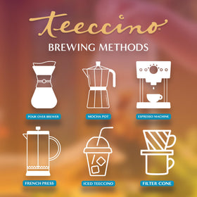 Teeccino Dandelion Caramel Nut brew method showcases all-purpose grind for coffee makers.