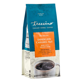 Teeccino Dandelion Caramel Nut front packaging highlights caffeine-free, gluten-free herbal coffee alternative.