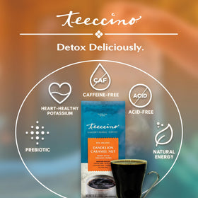 Teeccino with chicory and dandelion roots for natural prebiotics and smooth taste.