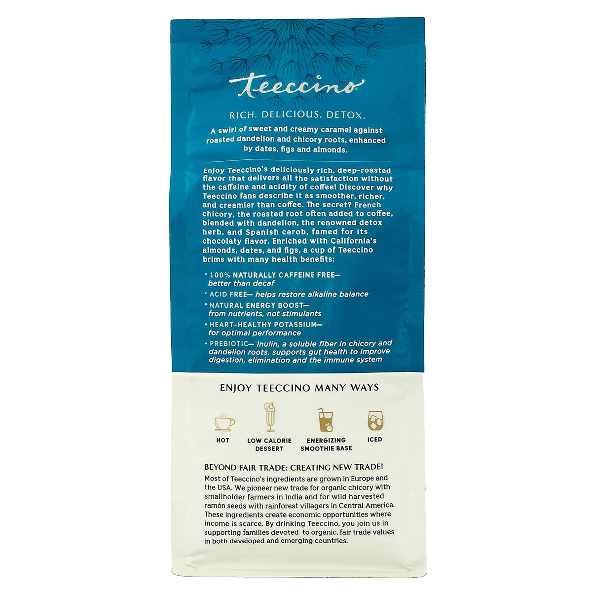 Teeccino prebiotics inulin close-up highlights nourishing fiber for gut health.