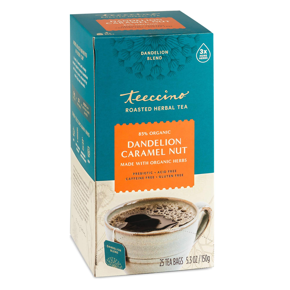 Teeccino Dandelion Caramel Nut tea bag closeup for a naturally caffeine-free moment.
