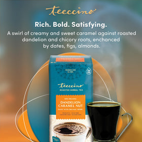 Teeccino Dandelion Caramel Nut tea dried herbs closeup features chicory and dandelion roots.
