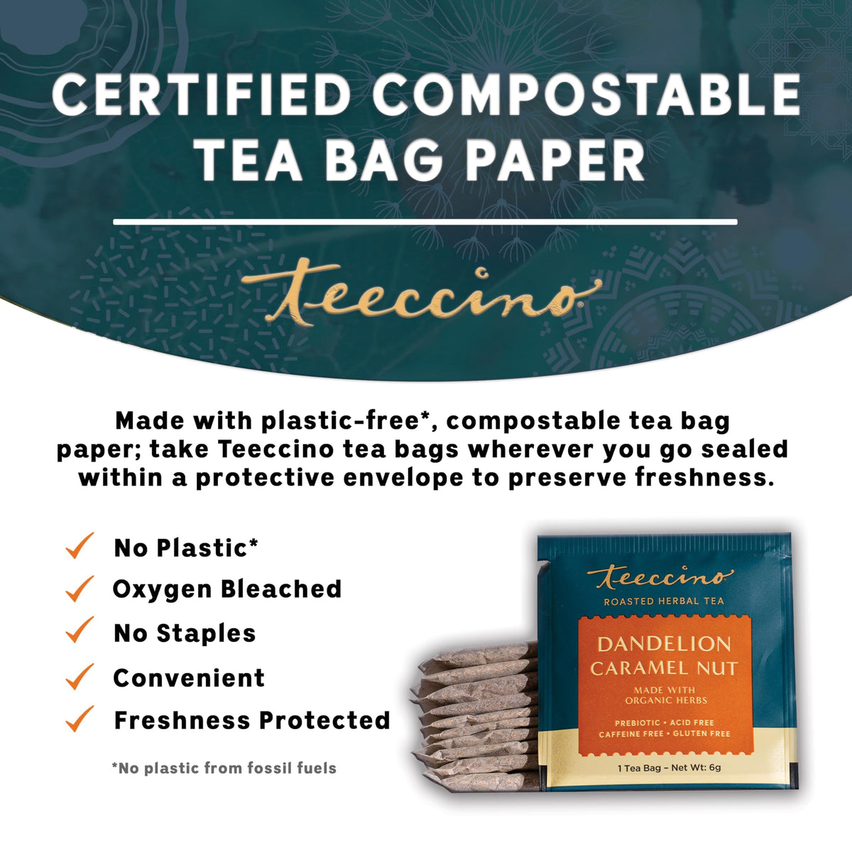 Teeccino Dandelion Caramel Nut tea iced in glass, refreshing with dessert-like sweetness.