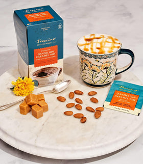 Teeccino Dandelion Caramel Nut tea kitchen setup for everyday wellness ritual.
