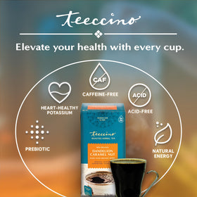 Teeccino Dandelion Caramel Nut tea pack front highlights premium herbal blend.