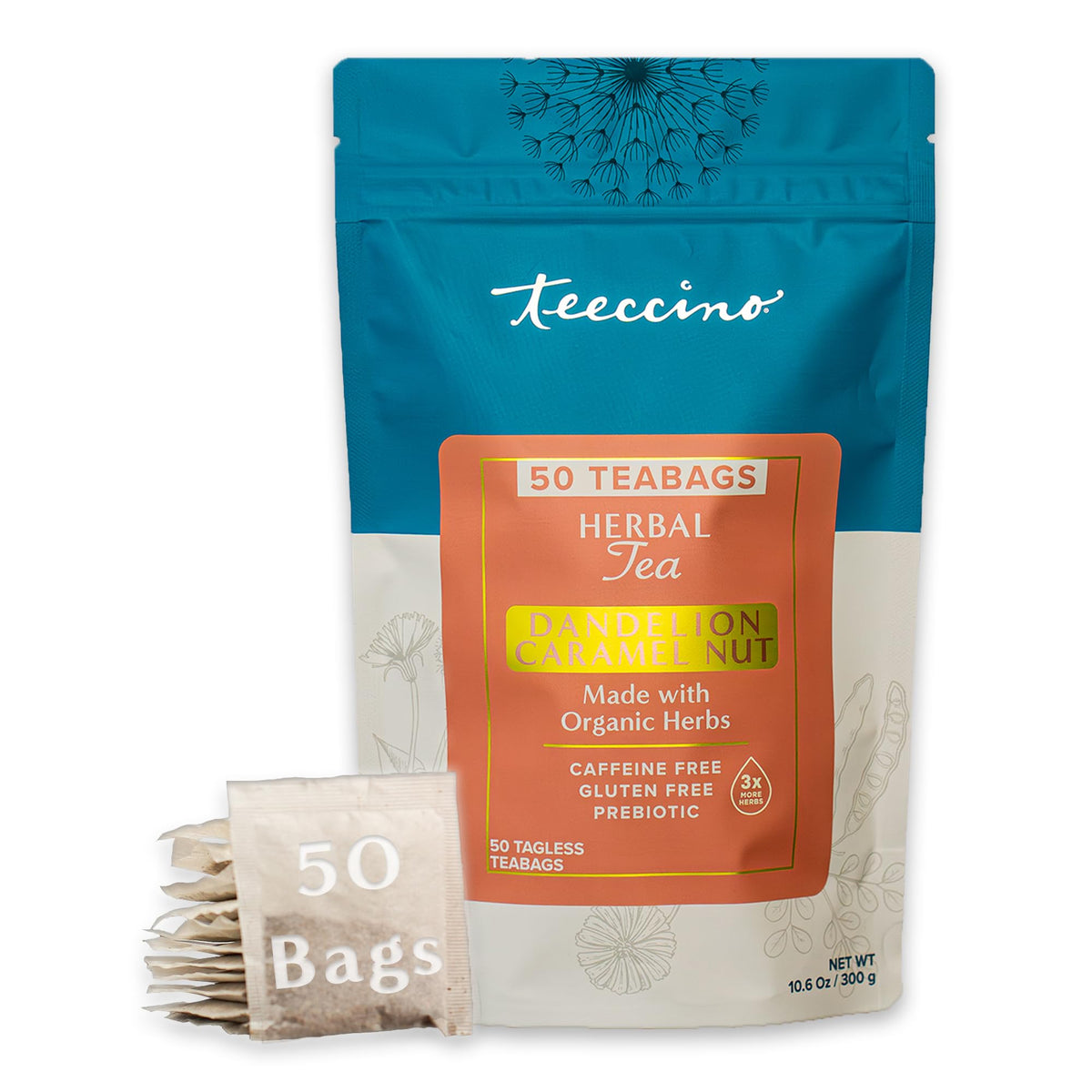 Teeccino dandelion caramel nut tea pack with tagless bags for easy, waste-free brewing.