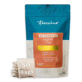 Teeccino dandelion caramel nut tea pack with tagless bags for easy, waste-free brewing.