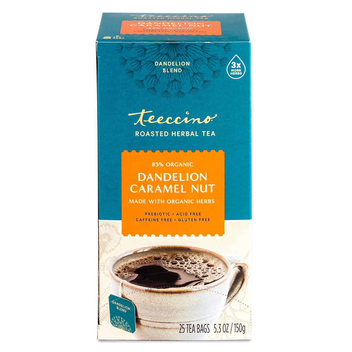 Teeccino Dandelion Caramel Nut tea prebiotic ingredients highlight a digestion-friendly brew.