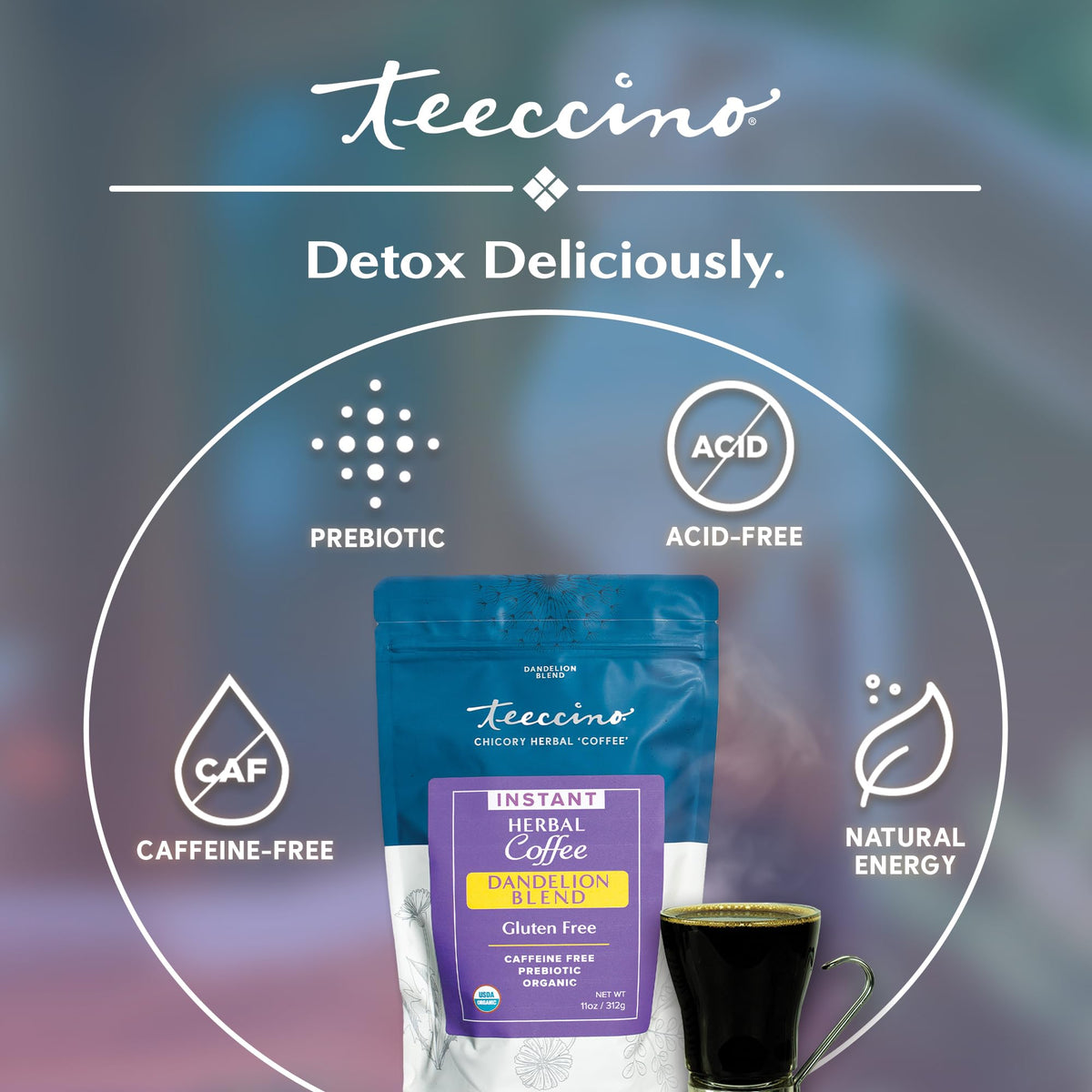 Teeccino Dandelion and Chicory Roots with prebiotic fiber featured in the ingredients.