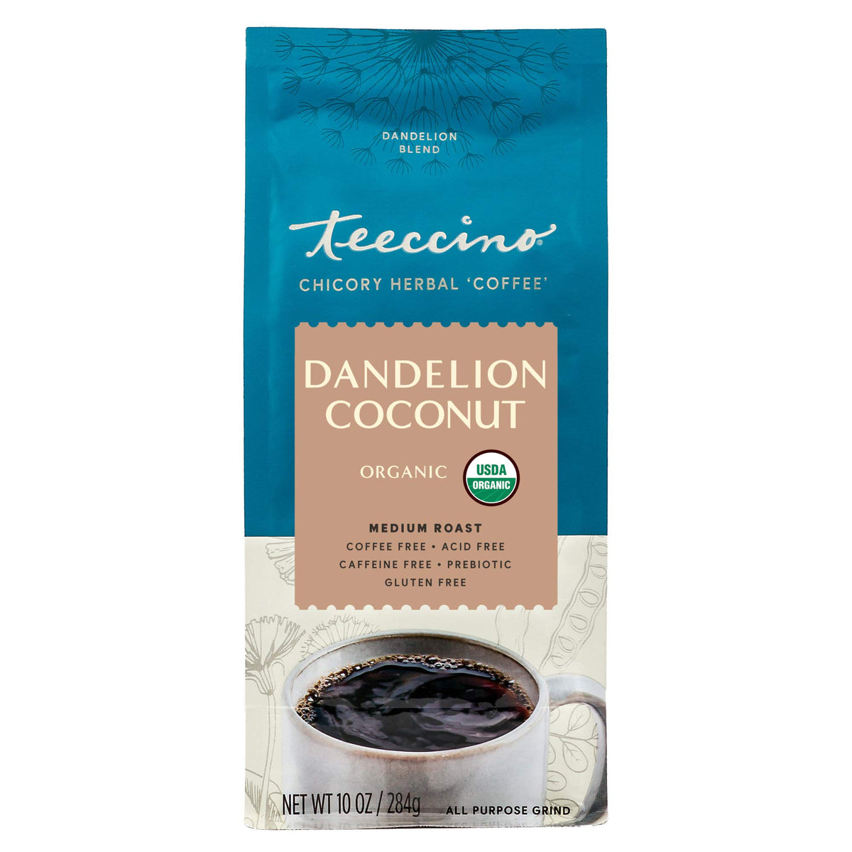 Teeccino Dandelion Coconut 10 oz pouch on kitchen shelf